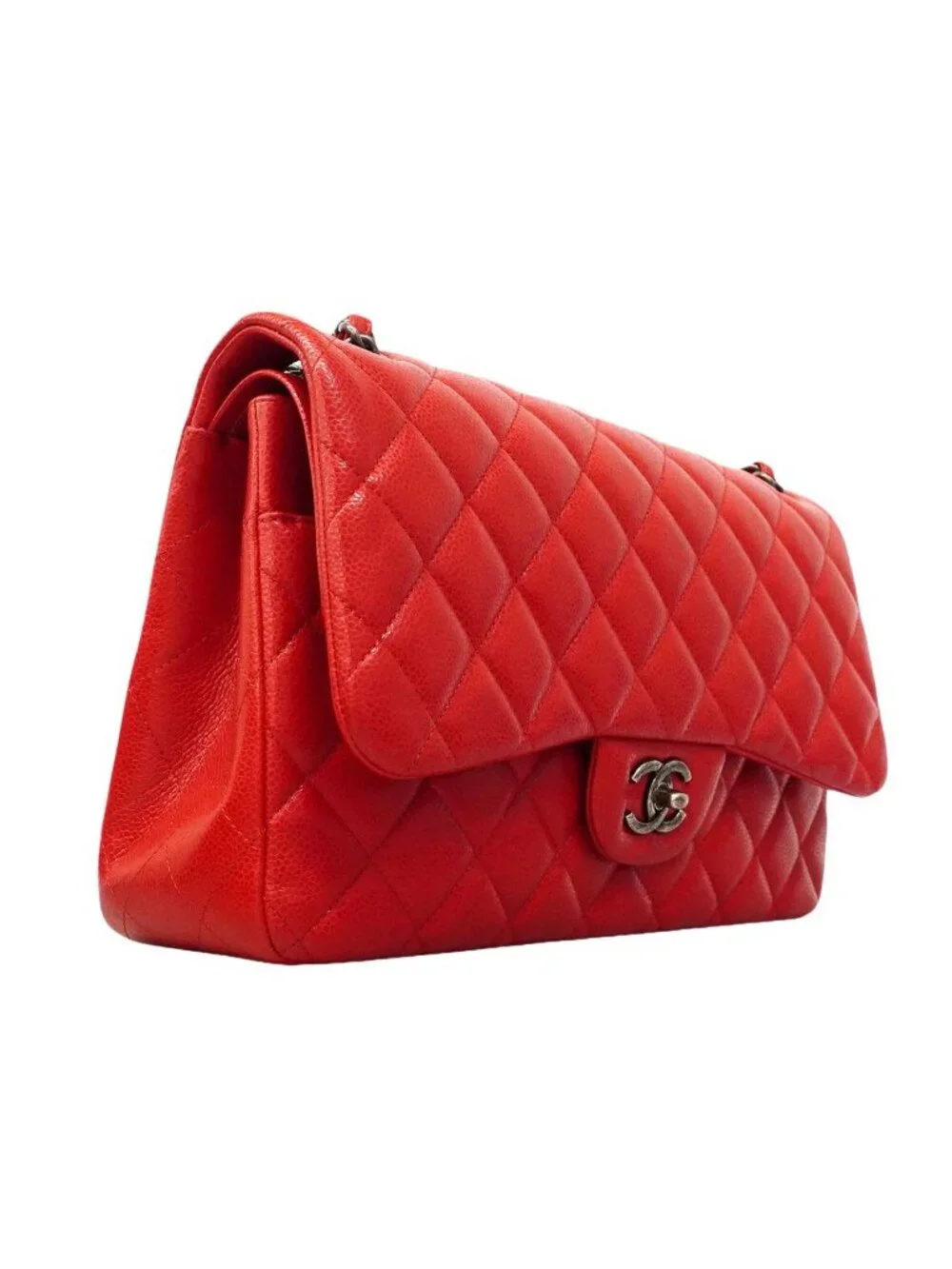 Chanel Shoulder Bag Maxi Quilted Caviar Leather Red Silver